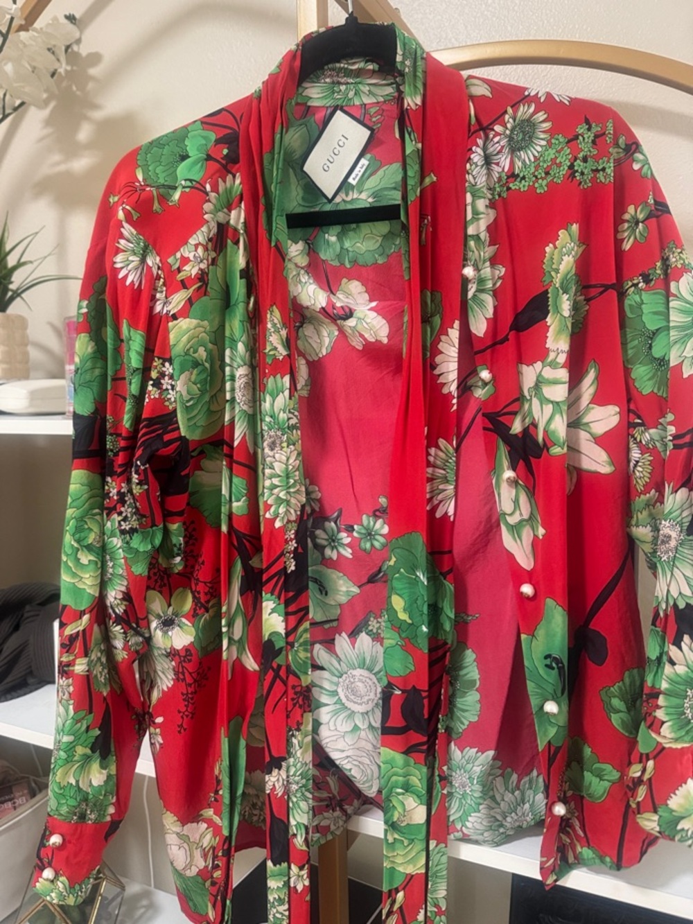 Gucci Red Floral Silk Blouse with Green and White Bloom Print